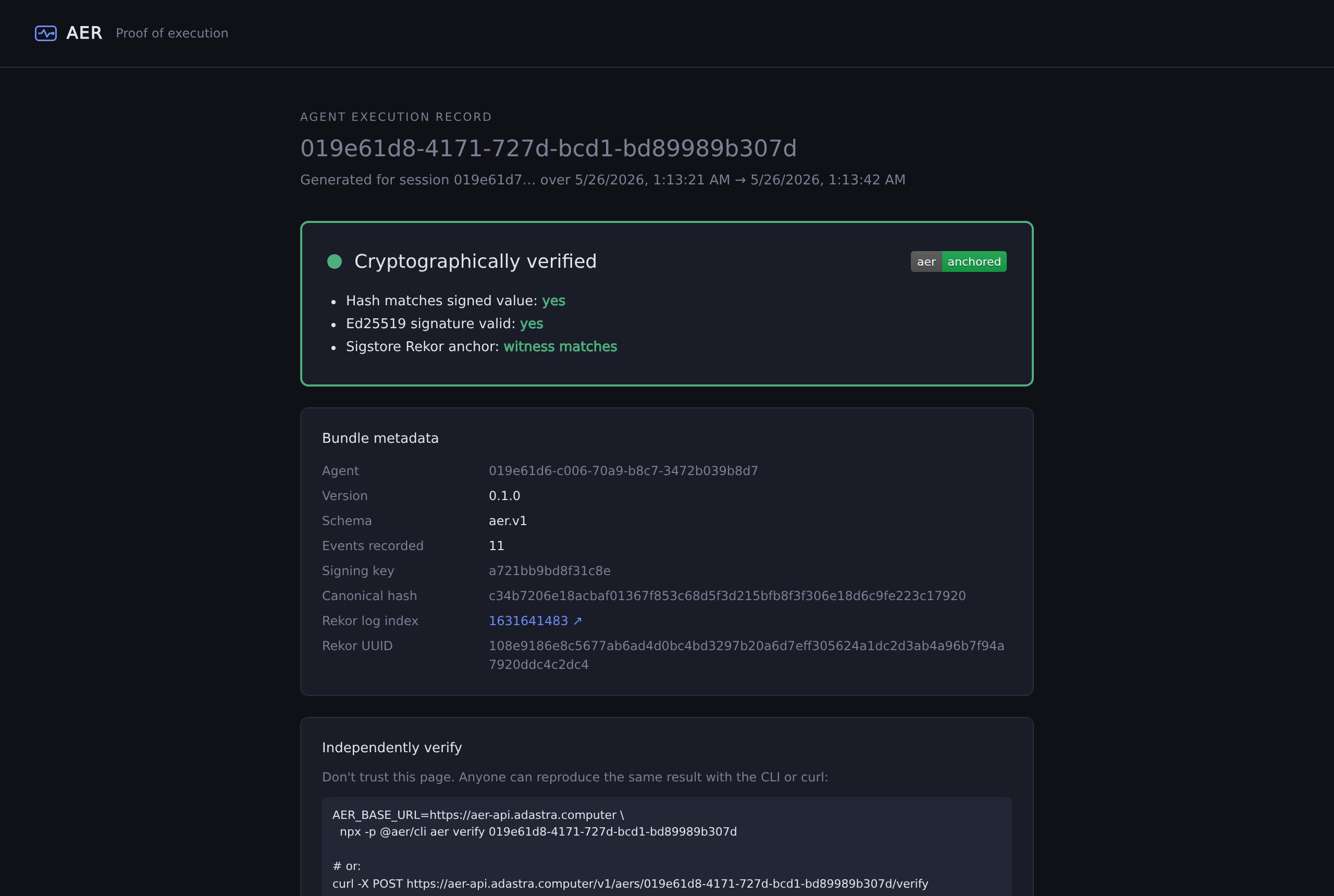 The public proof page for a production AER: cryptographically verified, bundle metadata, Rekor log index and the independent verification commands